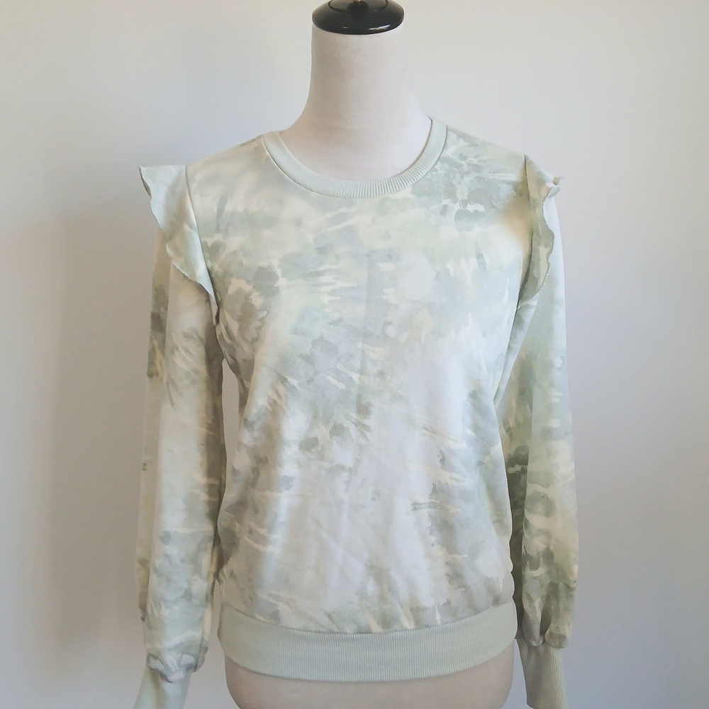 Marled- Women's - Tie-Dye - Green-  Ruffle Long Sleeve Sweatshirt - XS